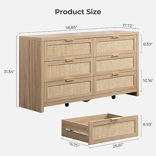 SICOTAS Rattan Dresser for Bedroom, 56.9" Wide 6 Drawer Dresser with Ample Storage, Dressers Large Chest of Drawers, Closet, Boho TV Stand for Bedroom (Reclaimed Light Oak, 1 Piece) thumbnail 3