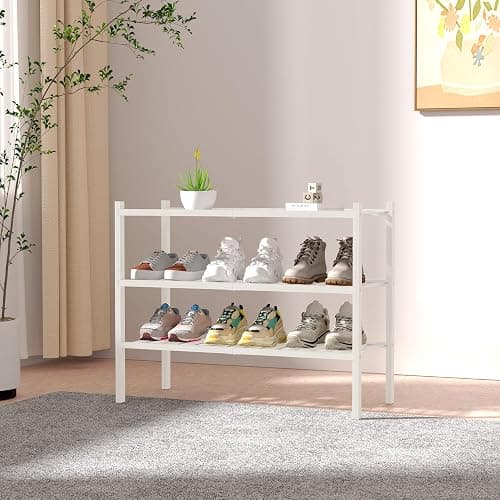 ROMGUAR CRAFT 3 Tier Bamboo Shoe Rack for Closet Free Standing Wood Shoe Shelf Storage Organizer for Entryway Small Space Stackable 27"x11"x20" (White) thumbnail 2