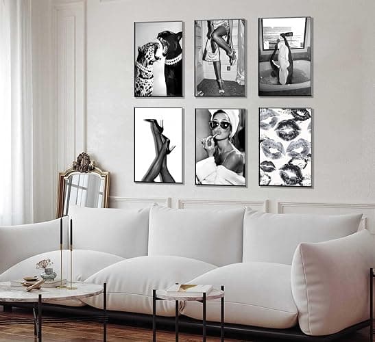 6pcs Trendy Black White Woman Wall Art Luxury Woman Drinking in Bathtub Wall Decor Fashion Cheetah Poster Print Heels Lips Pictures Paintings For Living Room Bedroom Dorm Apartment 8×10 In Unframed thumbnail 5