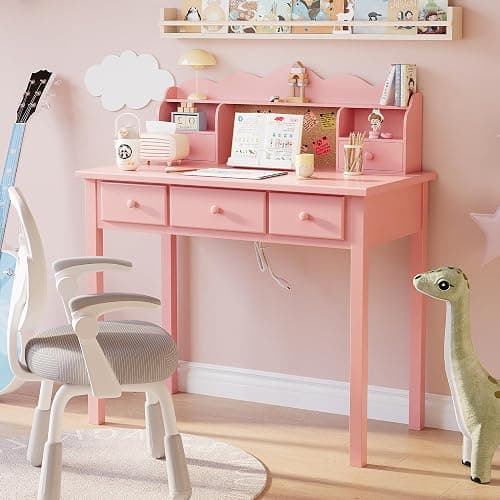 FUNKOCO Home Office Furniture Writing Desk,Computer Work Station with Detachable Hutch,5 Drawers(Pink) thumbnail 7