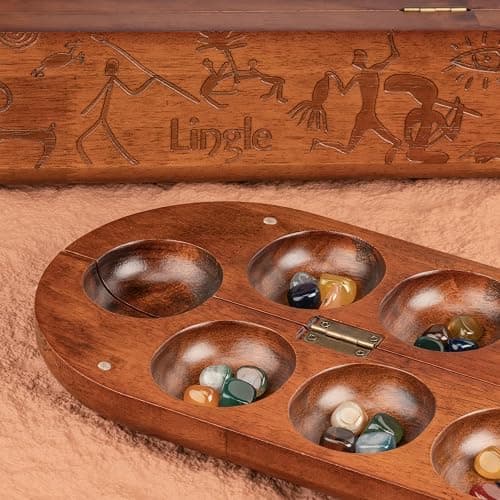 Lingle Deluxe Mancala Set: Real Wood Hinged Board with 48 Natural Multicolor Stones - Authentic African Petroglyphs, Foldable Design for 2-Player Strategy Game thumbnail 9