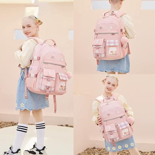 KIDNUO Backpack for Girls, 15.6 Inch Laptop School Bag Kids Kindergarten Elementary College Backpacks Large Bookbags for Teen Girl Women Students Casual Travel Daypacks (Pink) - Large - Pink thumbnail 2