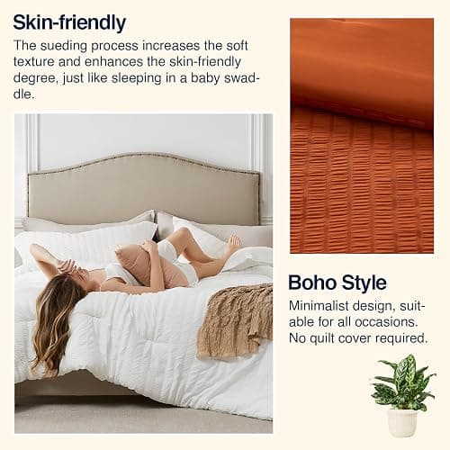 Quataly Queen Comforter Set Seersucker Lightweight Bed Set for All Season | 3PCS Burnt Orange Terracotta Bedding Set with 1 Elegant Comforter (90"x90") and 2 Soft Pillowcases (20"x30") thumbnail 7