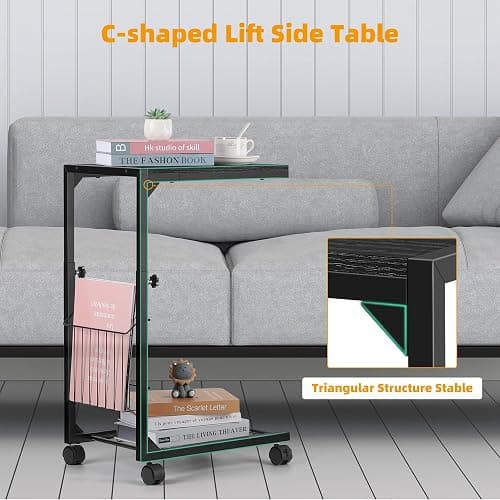 Shinoske Adjustable C Table - C Shaped Side Table with Wheels for Living Room and Bedroom,with Storage Mesh Basket,Slide Under Sofa or Use as Laptop,Black Willow thumbnail 5