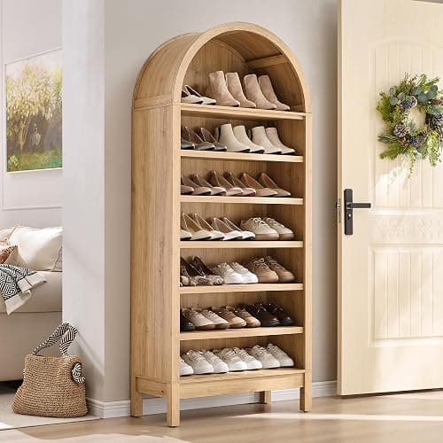 IFGET 71" Tall Arched Shoe Storage Cabinet, 7 Tiers 28 Pairs Wooden Shoe Rack with 3 Adjustable Shelves, Freestanding Shoe Closet Shelf Organizer for Entryway, Hallway, Living Room (Natural) - Image 1