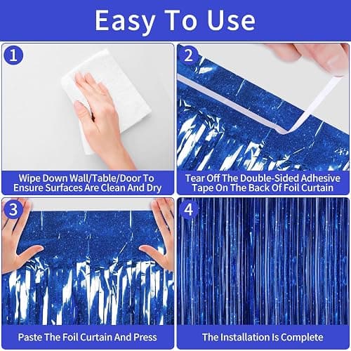 Picoway 4 Pack Foil Fringe Tinsel Backdrop Curtains, Birthday Engagement Bachelorette Party Decorations, Photo Booth Props Door Streamers Curtain (Blue) thumbnail 6