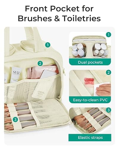 BAGSMART Travel Toiletry Bag, Crush Toiletry Bag for Women, Wide-open Puffy Toiletry Bags for Traveling, Large Travel Cosmetic Makeup Bag Organizer for Accessories,Toiletrie, Beige thumbnail 5