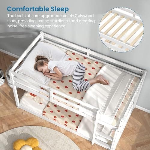 KOMFOTT Low Bunk Bed Twin Over Twin, Solid Wood Bunk Bed Frame with Built-in Ladder & Safety Guardrails, Space-Saving Low Bunk Bed for Kids, Teens, No Box Spring Needed thumbnail 4