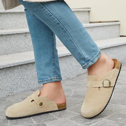 Womens Suede Clogs Mens Genuine Leather Mules Cork Footbed Sandals with Arch Support thumbnail 2