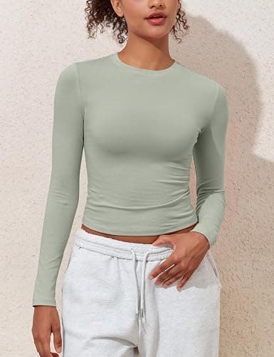 PrettyGuide Womens Cotton Long Sleeve Shirts Tight Fit Basic Y2K Crop Tops | Crew Neck Basic Tee, Fitted Going Out Tops, Compression Underscrubs Shirt, Layering Undershirt, Fall Outfits, Work Daily Wear thumbnail 2