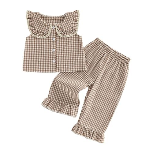 Toddler Baby Girl Clothes Summer Outfit Plaid Gingham Short Sleeve Shirt Sleeveless Tank Tops Pants Set - Image 1
