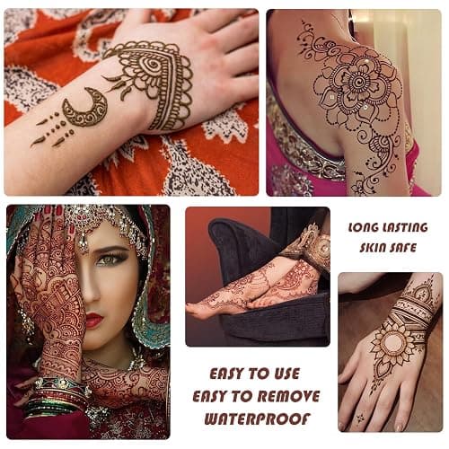 PFARRER 147 Pcs Henna Tattoo Kit, 6 Cones with 133 Stencils | 6 Henna Cones (3 Brown, 2 Black, 1 Red), 133 Stencils, 4 Gloves, 4 Wipes. Natural Plant-Based. Party, Festival, Gift thumbnail 4