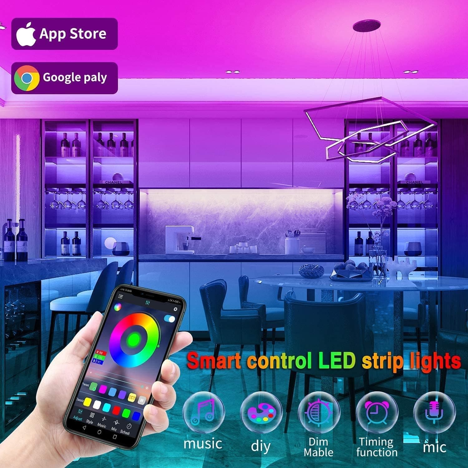 Bluetooth LED Strip Lights 15m, Tenmiro 50ft RGB LED Lights with Remote&App Control, Flexible DIY Multi-Colour Music Sync Timing for Kitchen, Bedroom,Party,PC Decoration - 15M thumbnail 3