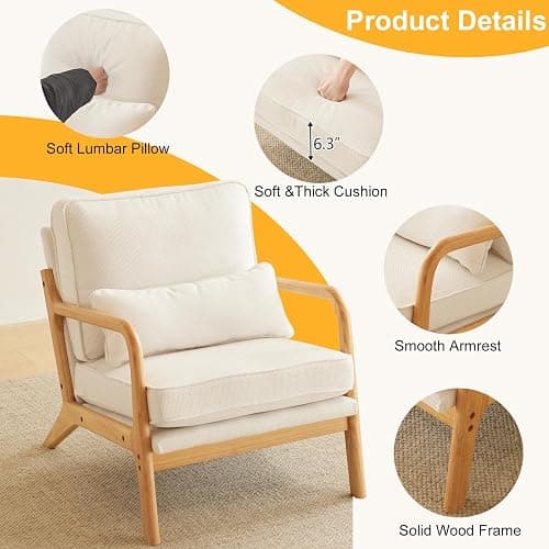 Karl home Accent Chair Mid-Century Modern Chair with Pillow Upholstered Lounge Arm Chair with Solid Wood Frame & Soft Cushion for Living Room, Bedroom, Balcony, Linen White (Low Back) thumbnail 3
