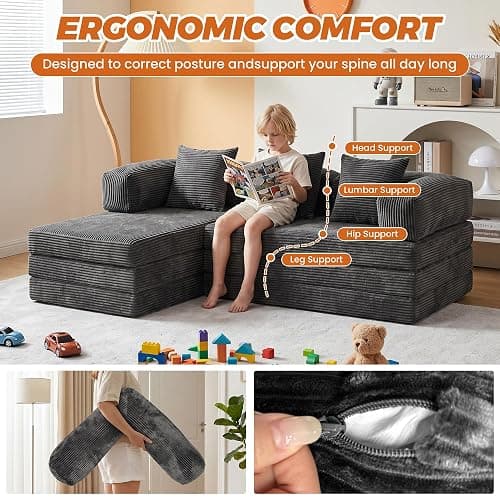 6-in-1 Boneless Couches L-Shaped Modular Sectional Sofa | Cloud Couch Sectional & Tri-Folding Mattress | Corduroy Pet-Friendly Convertible Sofa Bed with 800LB Capacity Apartment, Guest Room thumbnail 5