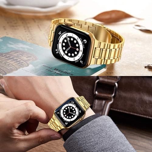 MioHHR Solid Stainless Steel Band Compatible with Apple Watch 38mm(Series 3/2/1) 40mm(Series SE/6/5/4) 41mm(Series 9/8/7) Metal Strap with Soft TPU Case for iWatch Bands for Women and Men, Gold thumbnail 5