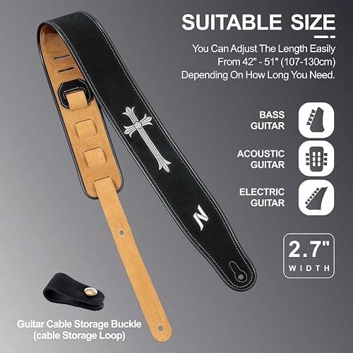 Nefelibata Guitar Strap with Crucifixion Embroidery, 2.7" Wide Double Layer Bavarian Tumbled Cowhide Guitar Strap with Foam Padding for Kids, Male and Female, Acoustic, Bass and Electric Guitars thumbnail 7
