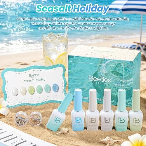Beetles Jelly Gel Nail Polish Set, Seasalt Holiday 6 Colors 9ML Sheer Gel | Milky White MInt Green Blue Gel Nail Polish Kit Soak Off UV Salon DIY at Home Manicure Gift for Women thumbnail 3