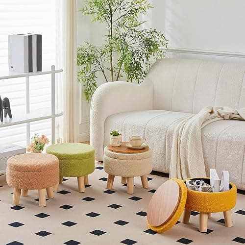 Wimarsbon Storage Ottoman, Modern Round Footrest with Soft Padded Seat, Teddy Velvet Footstool with Wood Legs, Accent Small Table or Plant Stand for Hallway, Living Room (Brilliant Green) thumbnail 8