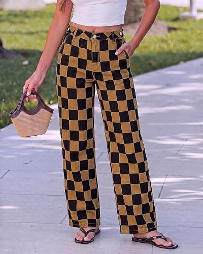 luvamia Checkered Pants Women High Rise Cinch-Waist Stretchy Wide Leg Jeans | Adjustable Waist, Patterned Pants for Women, Baggy Jeans Y2K, Checkerboard Print, Alternative Clothes thumbnail 3