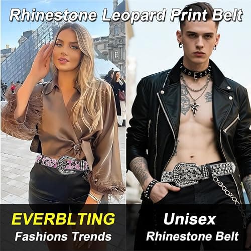 EVERBLTING Rhinestone Belt Leopard Print Bling Belts Men Women Leopard Rhinestone Belt Western Cowgirl BB Belts Y2k thumbnail 2