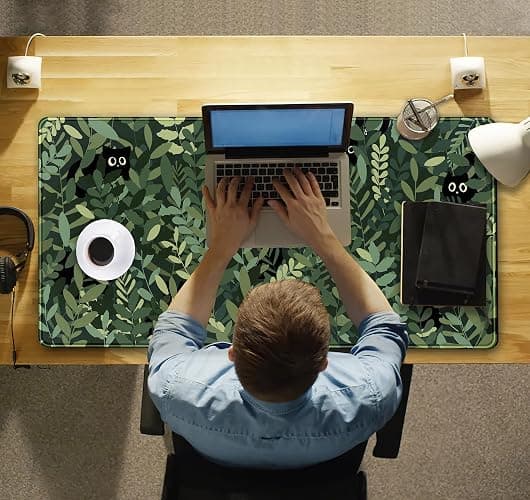 Cute Anime Cats Desk Mat Green Leaves Kawaii Mousepad XXL Extended Large Gaming Mouse Pad Cat, Aesthetic Extended Laptop Keyboard Mat Desk Pad for Women Office Gamer Girl Decor 31.5x15.75 in thumbnail 2
