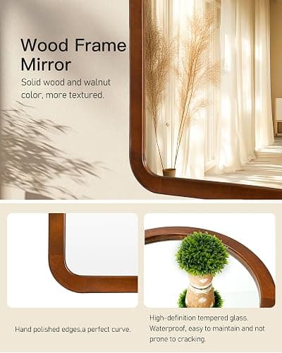 Arched Mirror 24 x 36 Inch,Walnut Brown Wood Rustic Bathroom Wall Mirror | Tempered Glass Hanging Mirror with Wooden Frame,Round corner Arch Farmhouse Vanity Mirror for Living Room,Entryway or Bedroom thumbnail 8