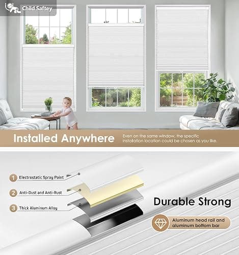 LazBlinds No Tools No Drill Cordless Cellular Shades, Blackout Light Blocking Honeycomb Shades for Home, Thermal Insulation Blinds for Windows, 19" W x 36" H, White thumbnail 3
