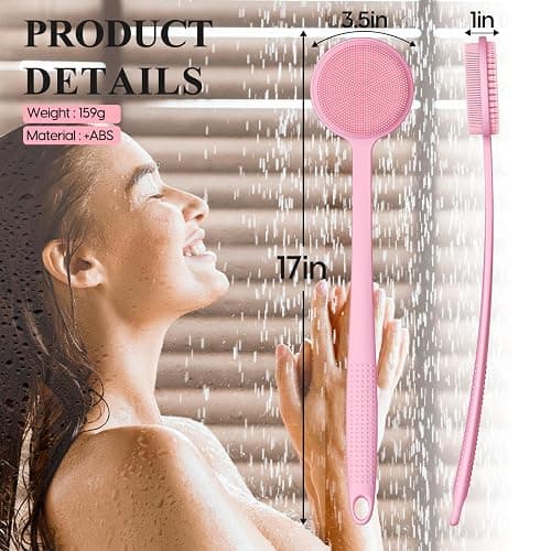 Silicone Back Scrubber for Shower, 17in Lengthen Long Handle Body Brush, Double Sided Shower Brush for Shower Exfoliating and Massage Can Produce Rich Foam, Long Handle Back Scrubber for Men thumbnail 4