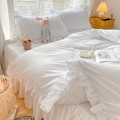 MOOWOO Chic Ruffle Lace Polyester Duvet Cover Set -Girl White Bedding-3 Piece Queen Duvet Cover with Zipper Closure -Ultra Soft and Light Weight (White, Queen)-No Comforter thumbnail 7