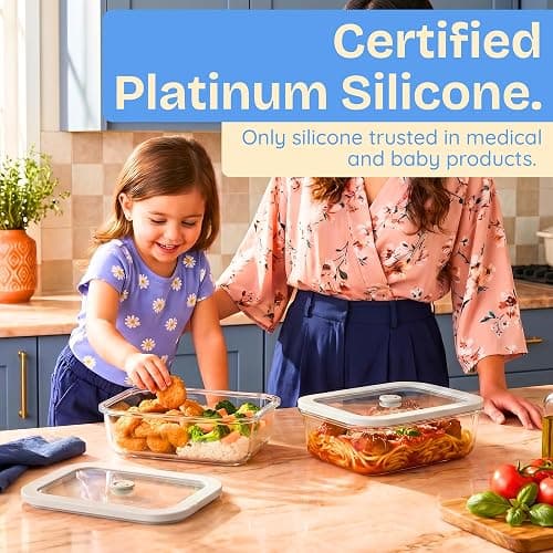 Non-Toxic Glass Food Containers with Lids, 2-Pack, 50 oz, Airtight, Gray | Plastic & BPA free. Glass body, glass lid & platinum silicone seal. Airtight & leakproof. Freezer & microwave safe. thumbnail 2