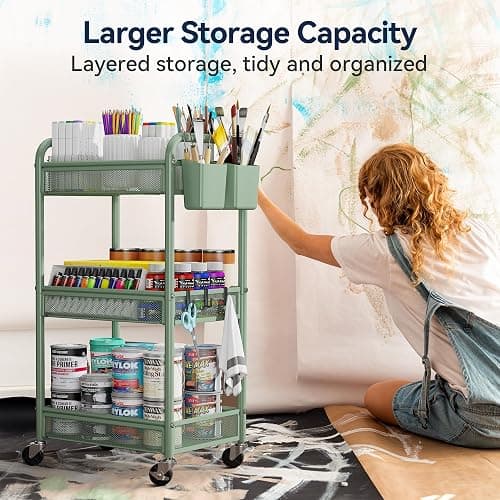 YASONIC 3 Tier Metal Rolling Cart, Green Utility Storage Cart with Wheels | Metal Mesh Craft Cart With Hooks & Hanging Cups, Ideal For Kitchen, Bathroom, Office, Dorm, Art Workspace, Bedside Storage thumbnail 6