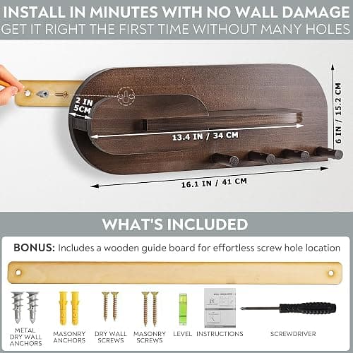 Solid Wood Mail and Key Holder for Wall Decorative Display - Includes Mail Holder, Shelf with Hooks for Keys & Pegs for Hanging Hats, Coats, Bags, Backpacks & More - Sleek Modern Design, Walnut Brown thumbnail 3