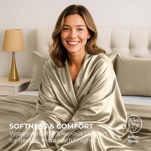 Satin Sheets Queen [4-Piece, Champagne Gold] Hotel Luxury Silky Bed Sheets - Extra Soft 1800 Microfiber Sheet Set, Wrinkle, Fade, Stain Resistant - Deep Pocket Fitted Sheet, Flat Sheet, Pillow Cases thumbnail 6