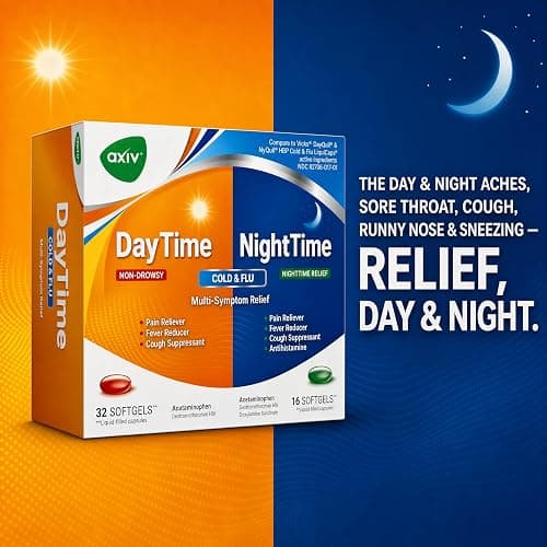 AXIV Day & Night Cold & Flu Medicine Combo Pack Softgels, Daytime & Nighttime Relief for Headache, Fever, Sore Throat, Minor Aches & Pains, & Cough, 48 Softgels thumbnail 7
