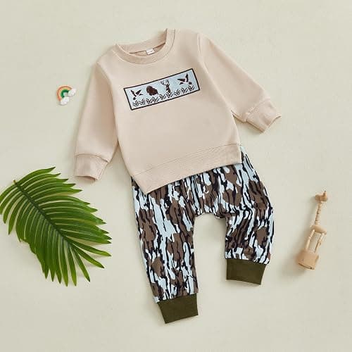 Vicaankue Toddler Baby Boy Hunting Outfit Duck Deer Embroidery Long Sleeve Sweatshirt Camo Pants Set 2Pcs Fall Winter Clothes thumbnail 6