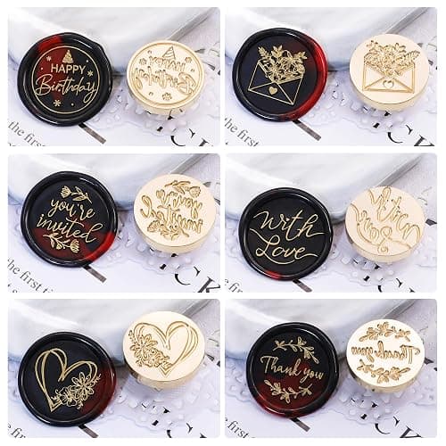 SWANGSA Blessing Wax Seal Stamp Gift Box Set, Vintage 6 Sealing Stamp Heads and 1 Wooden Hilt for Wedding, Party Invitations, Envelops, Christmas Cards and Gift (Phrases Kit) thumbnail 2