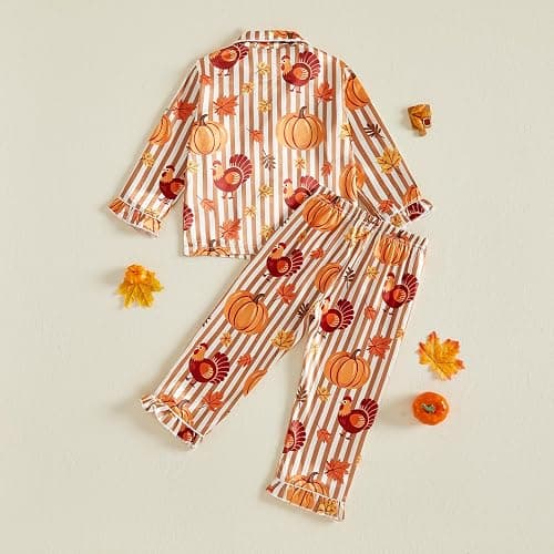 Kids Thanksgiving Pajamas Toddler Girl Turkey Pajama Shirt Pants Set | Little Girl Ruffle Cuffs Long Sleeve Button Down Shirt Stain Pants Set Loungewear Sleepwear Two Piece Pjs Set thumbnail 7