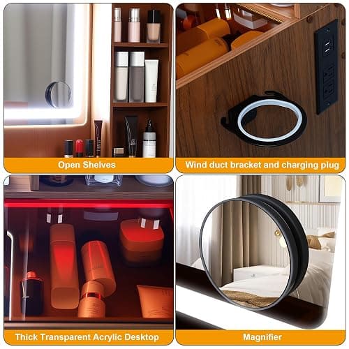 Cielozen Vanity Desk，Transparent Desktop, Multiple Color Ambient Lights, with Mirror and Tri Color Light Strip, Dressing Table with Charging Station, Equipped with 2 Drawers, Peach Colored thumbnail 5