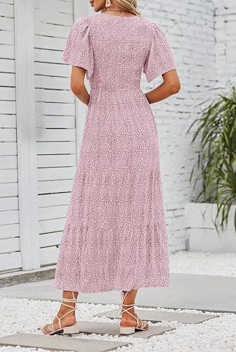 ZESICA Women's 2025 Summer Casual Floral Print Short Flutter Sleeve Crew Neck Smocked High Waist Flowy Maxi Dress - Darkpink - Small thumbnail 3