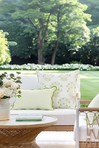 Hofdeco Premium Coastal Patio Indoor Outdoor Scalloped Lumbar Pillow Cover Only, 12"x20" Water Repellent for Backyard, Couch, Green Print Stripes thumbnail 2