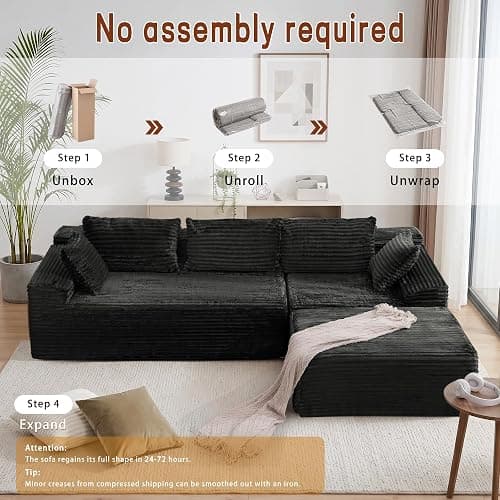 Korser 108" L-Shaped Modular Sectional Sofa with Chaise, Boneless Comfy Corduroy Fluffy Couch with Deep Seat and Side Pockets, Flexible Module Combination for Living Room, No Assembly, Side Pockets thumbnail 7