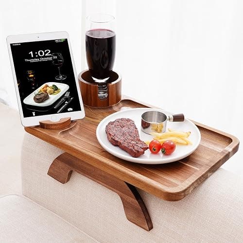 Nnewvante Couch Cup Holder Tray, 3 in 1 Large 15.36"x9.85" Acacia Wood Sofa Arm Clip on Tray Table with 360°Rotated Phone Holder on Armrest thumbnail 2