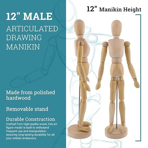 U.S. Art Supply 12" Wooden Male Manikin Posable Figure for Drawing - Articulated Mannequin with Base and Flexible Body for Drawing The Human Figure thumbnail 3