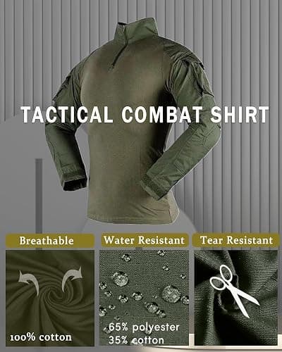 Men's Tactical Combat Shirt, Lightweight Long Sleeve Military BDU Shirts Paintball Airsoft Top with Zipper thumbnail 4