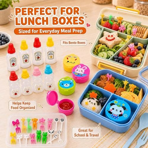 WXOIEOD 72 Pack Lunch Box Accessories, Including Mini Ketchup Bottle Bear Shaped Condiment Squeeze Bottles Small Sauce Containers Animal Food Picks for Travel Bento Box Picnic thumbnail 4