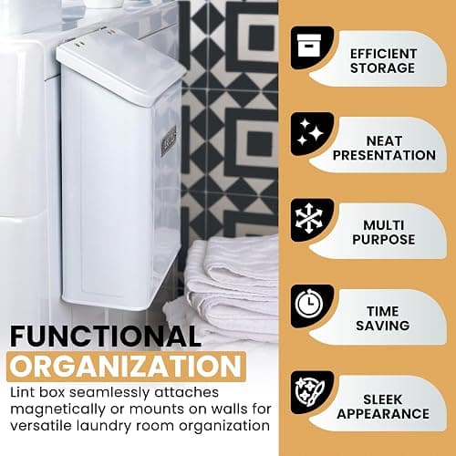 Embossed Magnetic Lint Bin For Laundry Room | Modern Farmhouse Laundry Lint Bin | Lint Trash Can For Laundry Room | White Lint Bin For Laundry Room Magnetic | Space Saving Storage Laundry Bin with Lid thumbnail 4
