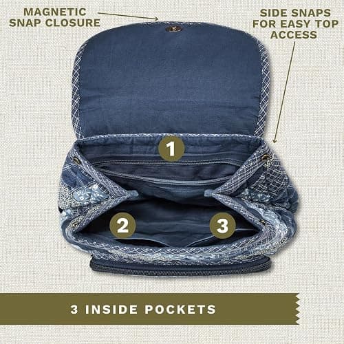 Bella Taylor Mini Backpack, Quilted Hands-Free Bag, Heritage Blue Patch | Lightweight 6-pocket quilted cotton backpack, adjustable straps, machine washable, fits water bottle, tablet, snacks, wallet thumbnail 4