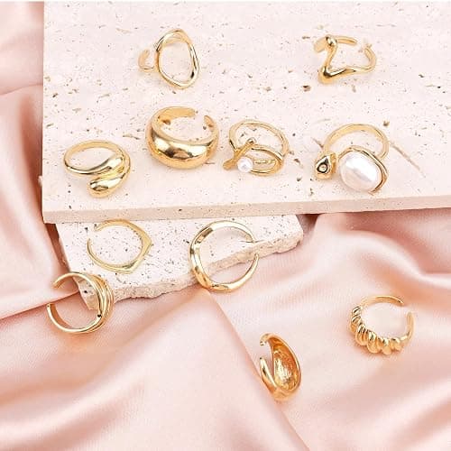 Gold-Tone Plate Chunky Rings for Women | Stackable Open Knuckle Rings, with Multiple Style Trendy Jewelry for Her thumbnail 5
