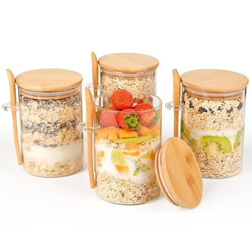 Overnight Oats Containers with Lids,4 Pack 18oz Overnight Oats Jars with Spoons,Salad Meal Prep Jar with Bamboo Lids for Chia Seed Pudding Salad Cereal Coffee Flour,Sourdough Starter Jar for Bread thumbnail 7